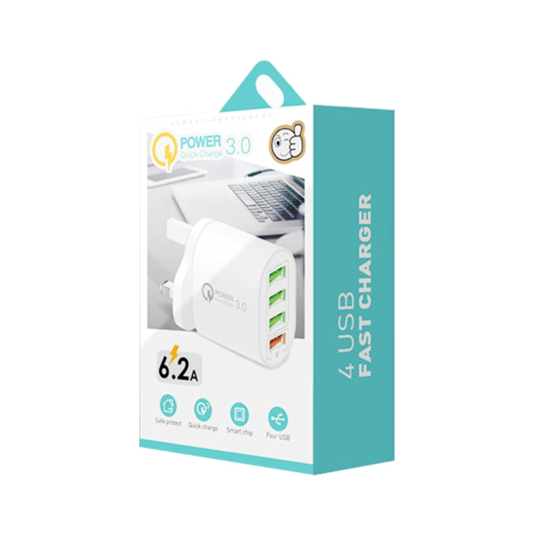 Chargeur multiport QC-04 QC3.0 + 3 x USB 2.0 avec câble de données USB 3 A vers 8 broches, prise britannique, prise britannique + câble 8 broches