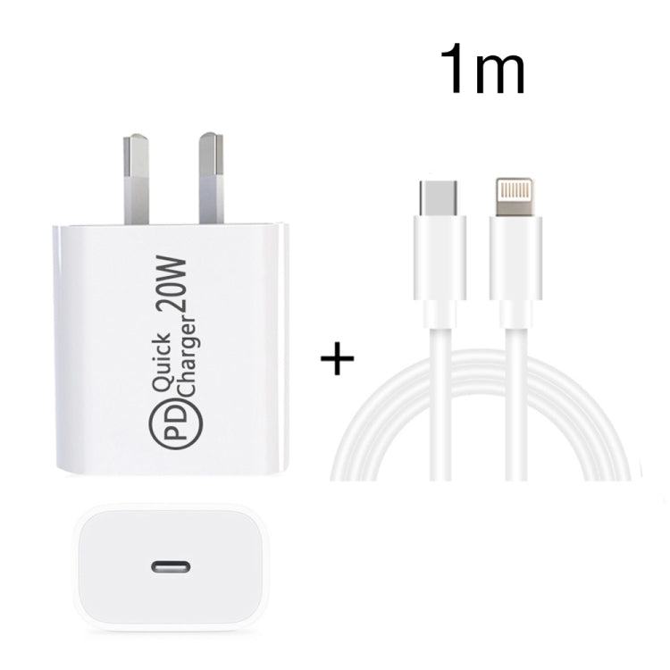 Chargeur de voyage AU-20W PD USB-C / Type-C avec câble de données USB-C vers 8 broches, prise AU, prise AU + câble PD 8 broches 1 m, prise AU + câble PD 8 broches 2 m