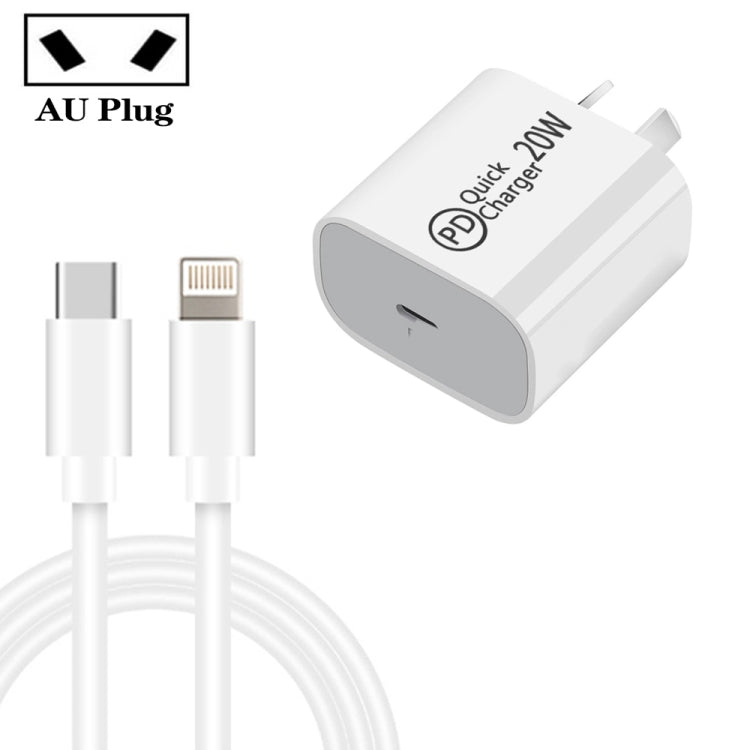 Chargeur de voyage AU-20W PD USB-C / Type-C avec câble de données USB-C vers 8 broches, prise AU, prise AU + câble PD 8 broches 1 m, prise AU + câble PD 8 broches 2 m