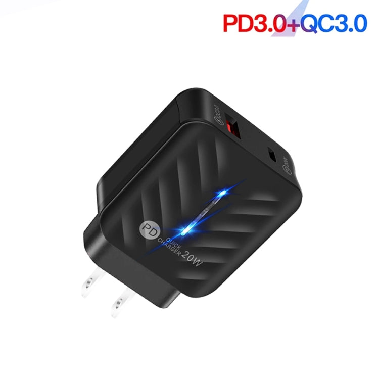 PD03 20W Type-C + QC3. 0 USB Charger with Indicator Light, US Plug, US Plug, US Plug + USB to Type-C Cable