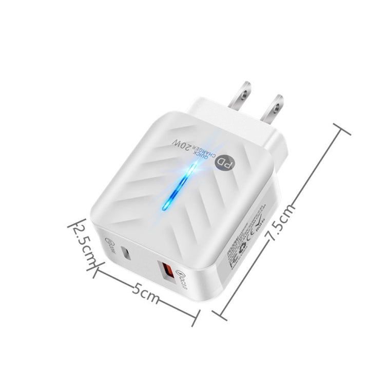 PD03 20W Type-C + QC3. 0 USB Charger with Indicator Light, US Plug, US Plug, US Plug + USB to Type-C Cable