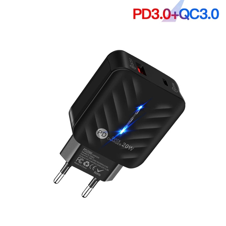 PD03 20W Type-C + QC3. 0 USB Charger with Indicator Light, EU Plug, EU Plug, EU Plug + USB to Type-C Cable