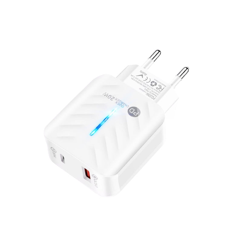 PD03 20W Type-C + QC3. 0 USB Charger with Indicator Light, EU Plug, EU Plug, EU Plug + USB to Type-C Cable