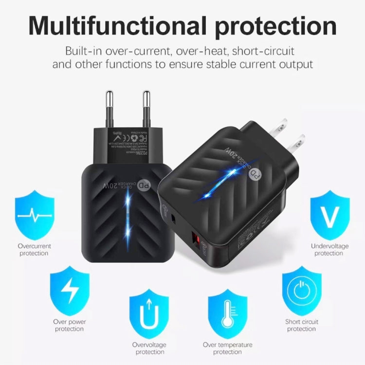 PD03 20W Type-C + QC3. 0 USB Charger with Indicator Light, EU Plug, EU Plug, EU Plug + USB to Type-C Cable