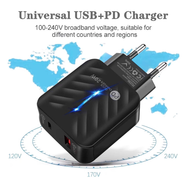 PD03 20W Type-C + QC3. 0 USB Charger with Indicator Light, EU Plug, EU Plug, EU Plug + USB to Type-C Cable