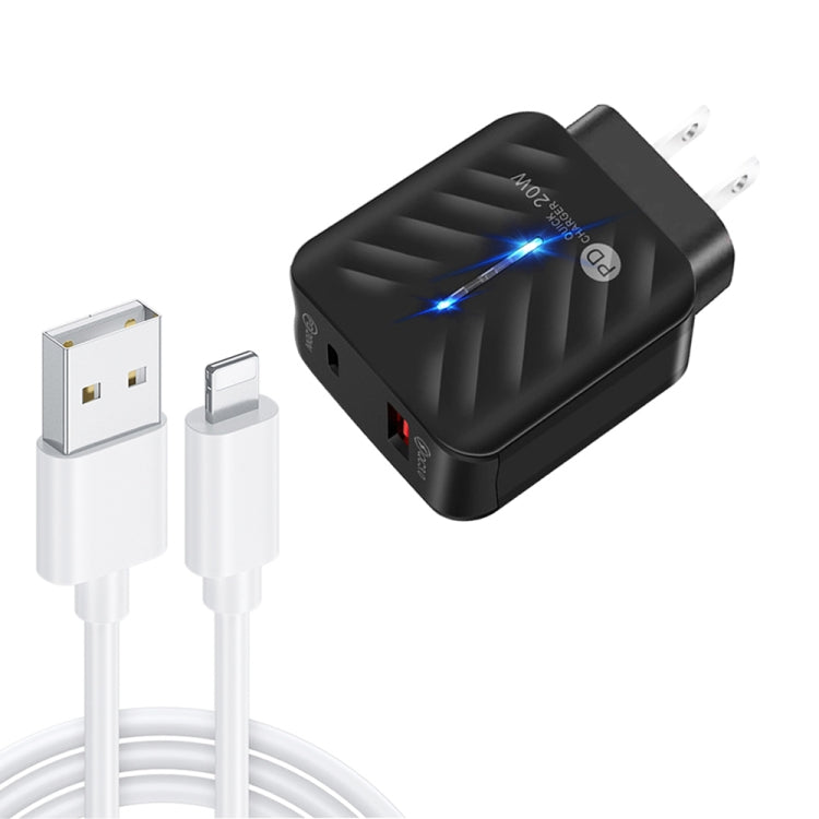 PD03 20W PD3.0 + QC3.0 USB Charger with USB to 8 Pin Data Cable, US Plug, US Plug + USB to 8 Pin Cable