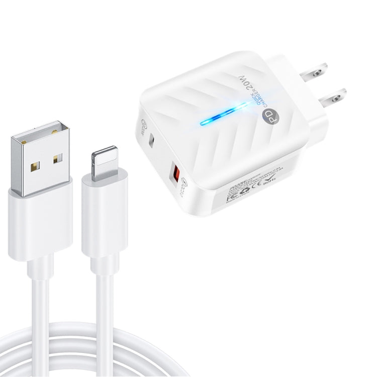 PD03 20W PD3.0 + QC3.0 USB Charger with USB to 8 Pin Data Cable, US Plug, US Plug + USB to 8 Pin Cable