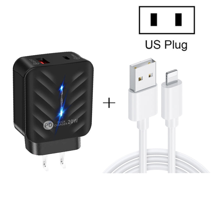 PD03 20W PD3.0 + QC3.0 USB Charger with USB to 8 Pin Data Cable, US Plug, US Plug + USB to 8 Pin Cable