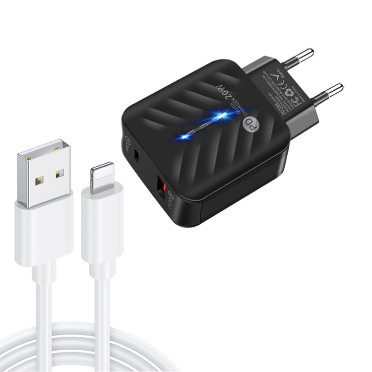 Chargeur USB PD03 20 W PD3.0 + QC3.0 avec câble de données USB vers 8 broches, prise UE, prise UE + câble USB vers 8 broches