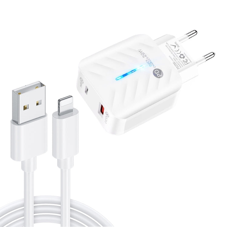 Chargeur USB PD03 20 W PD3.0 + QC3.0 avec câble de données USB vers 8 broches, prise UE, prise UE + câble USB vers 8 broches