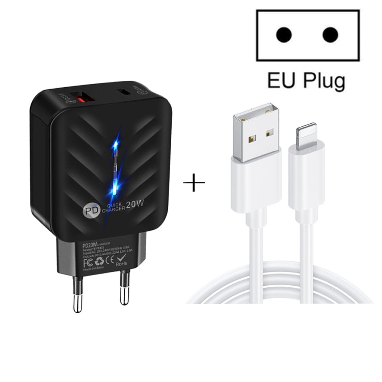 Chargeur USB PD03 20 W PD3.0 + QC3.0 avec câble de données USB vers 8 broches, prise UE, prise UE + câble USB vers 8 broches