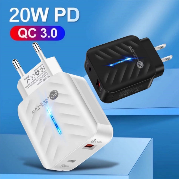 Chargeur USB PD03 20 W PD3.0 + QC3.0 avec câble de données USB vers 8 broches, prise UE, prise UE + câble USB vers 8 broches