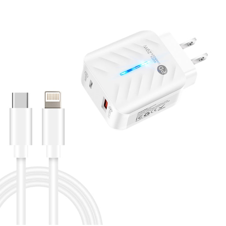 PD03 20W PD3.0 + QC3.0 USB Charger with Type-C to 8 Pin Data Cable, US Plug, US Plug + Type-C to 8 Pin Cable