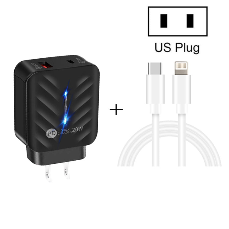 PD03 20W PD3.0 + QC3.0 USB Charger with Type-C to 8 Pin Data Cable, US Plug, US Plug + Type-C to 8 Pin Cable