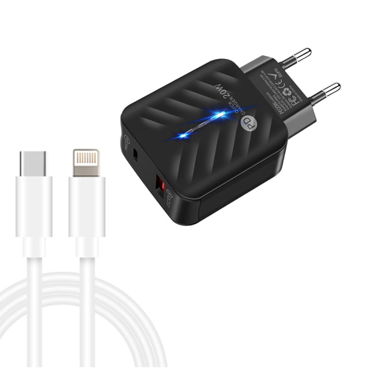 Chargeur USB PD03 20 W PD3.0 + QC3.0 avec câble de données Type-C vers 8 broches, prise UE, prise UE + câble Type-C vers 8 broches