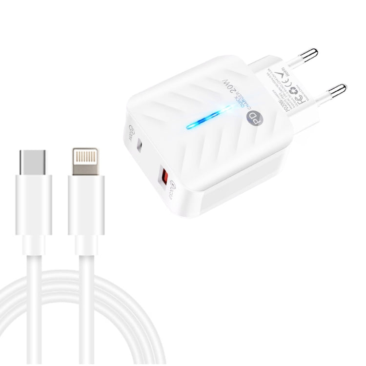 PD03 20W PD3.0 + QC3.0 USB Charger with Type-C to 8 Pin Data Cable, EU Plug, EU Plug + Type-C to 8 Pin Cable