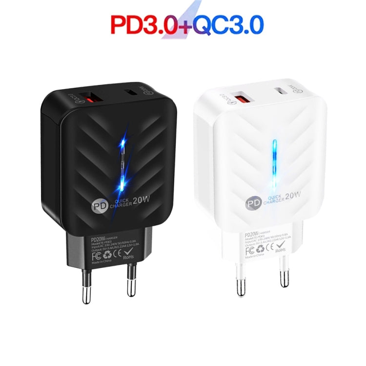 Chargeur USB PD03 20 W PD3.0 + QC3.0 avec câble de données Type-C vers 8 broches, prise UE, prise UE + câble Type-C vers 8 broches
