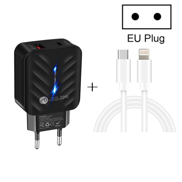 Chargeur USB PD03 20 W PD3.0 + QC3.0 avec câble de données Type-C vers 8 broches, prise UE, prise UE + câble Type-C vers 8 broches