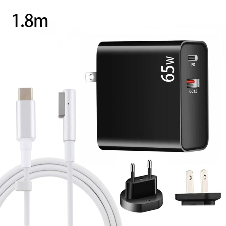 PD-65W USB-C / Type-C + QC3. 0 USB Laptop Charging Adapter + 1.8m USB-C / Type-C to MagSafe 1 / L Head Data Cable, EU Plug / US Plug, MagSafe 1 / L Cable, EU Plug / US Plug