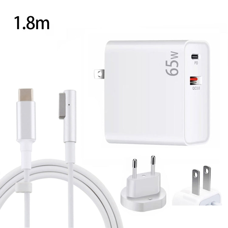 PD-65W USB-C / Type-C + QC3. 0 USB Laptop Charging Adapter + 1.8m USB-C / Type-C to MagSafe 1 / L Head Data Cable, EU Plug / US Plug, MagSafe 1 / L Cable, EU Plug / US Plug