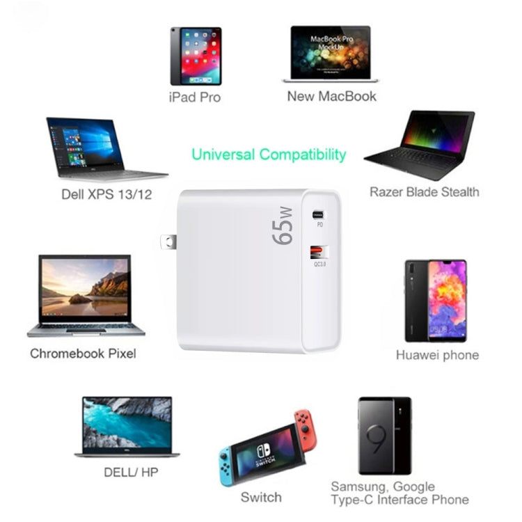 PD-65W USB-C / Type-C + QC3. 0 USB Laptop Charging Adapter + 1.8m USB-C / Type-C to MagSafe 1 / L Head Data Cable,  AU Plug / EU Plug / US Plug / UK Plug, MagSafe 1 / L Cable, AU Plug / EU Plug / US Plug / UK Plug