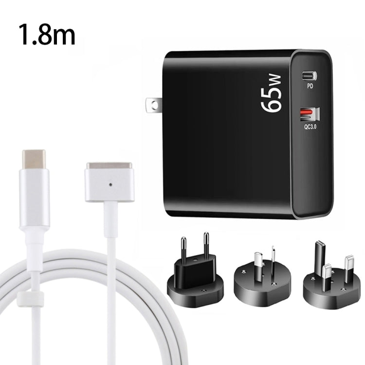 PD-65W USB-C / Type-C + QC3. 0 USB Laptop Charging Adapter + 1.8m USB-C / Type-C to MagSafe 2 / T Head Data Cable,  EU Plug / AU Plug / UK Plug / US Plug, MagSafe 2 / T Cable, EU Plug / AU Plug / UK Plug / US Plug