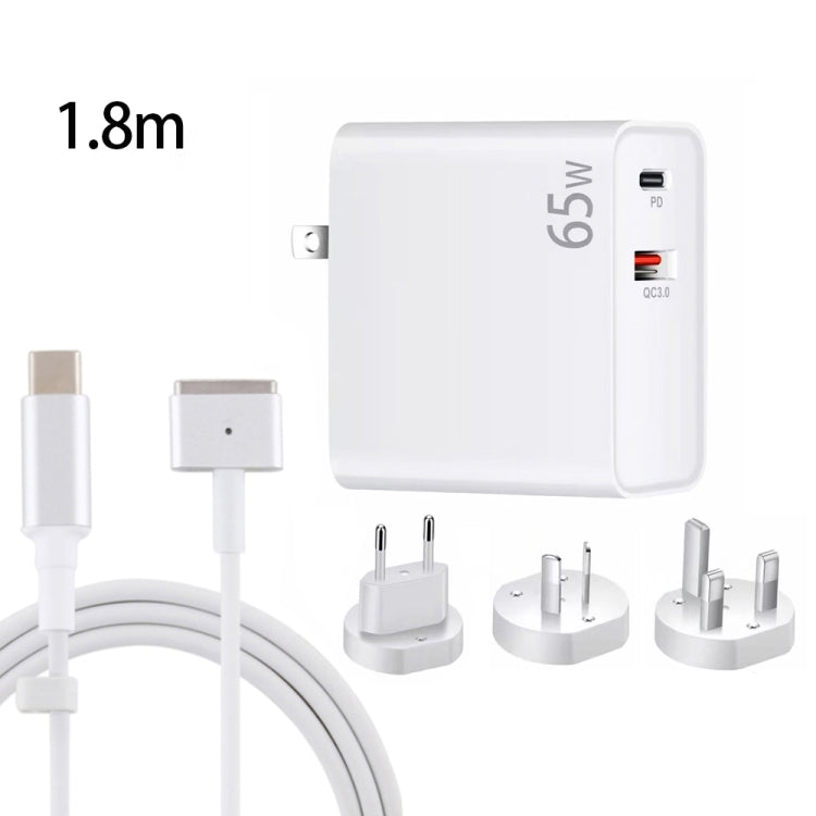PD-65W USB-C / Type-C + QC3. 0 USB Laptop Charging Adapter + 1.8m USB-C / Type-C to MagSafe 2 / T Head Data Cable,  EU Plug / AU Plug / UK Plug / US Plug, MagSafe 2 / T Cable, EU Plug / AU Plug / UK Plug / US Plug
