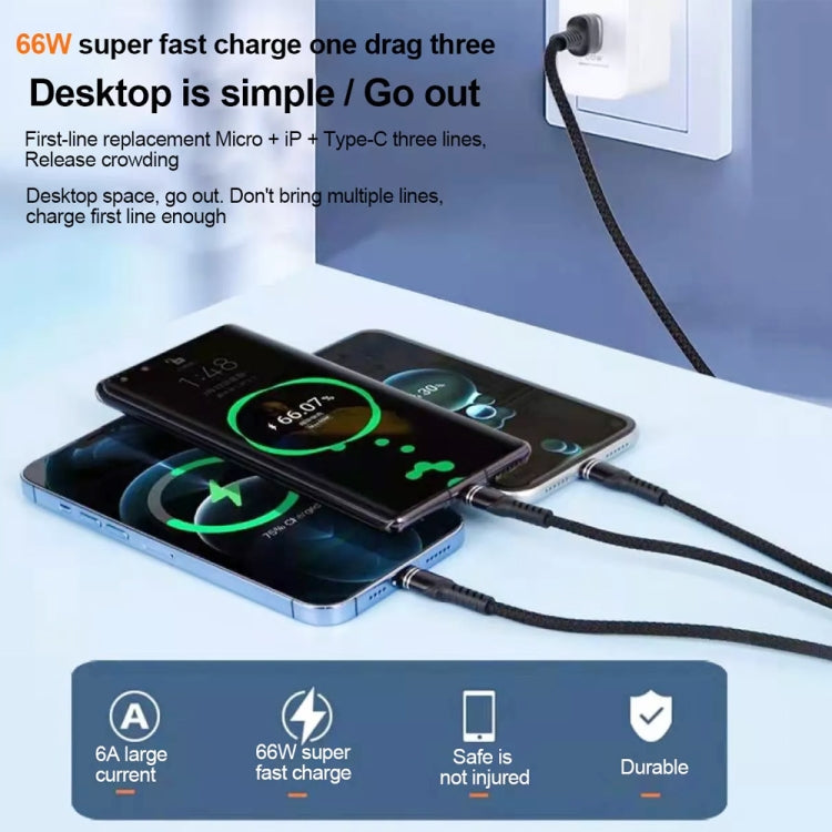 XJ-78 66W 6A 3 in 1 USB to 8 Pin + Type-C + Micro USB Super Flash Charging Cable, Length: 1.2m, XJ-78 66W