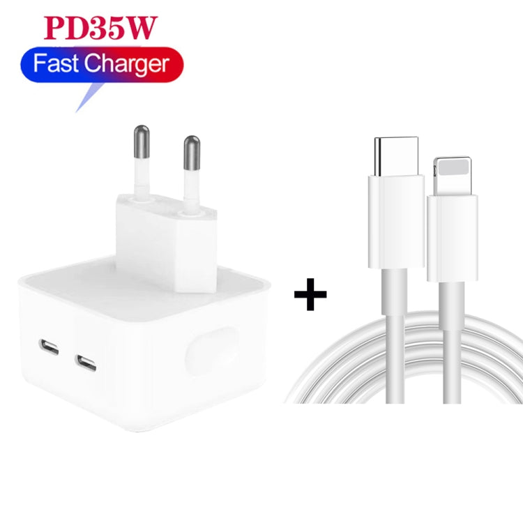PD 35W Dual USB-C / Type-C Ports Charger with Type-C to 8 Pin Data Cable, EU Plug, EU Plug + 1.5m 8 Pin Cable, EU Plug + 2m 8 Pin Cable