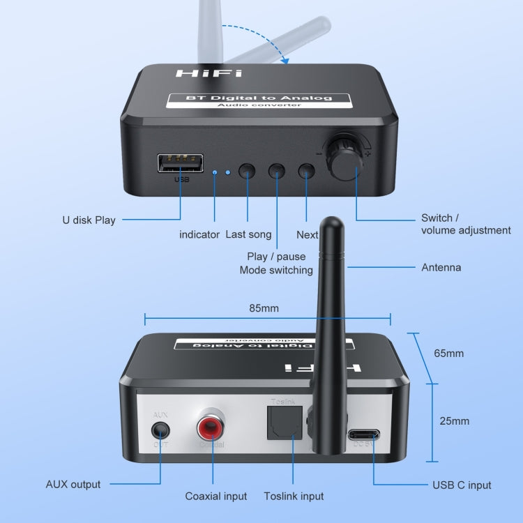 B35S Bluetooth 5.2 Music Receiver Digital to Analog Converter Supports U-disk Fiber Coaxial, B35S
