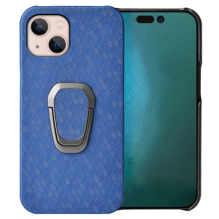 For  iPhone 14 Max Ring Holder Honeycomb PU Phone Case, For iPhone 14 Plus