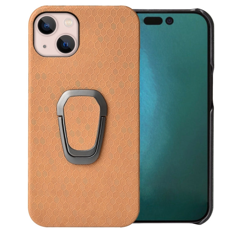 For  iPhone 14 Max Ring Holder Honeycomb PU Phone Case, For iPhone 14 Plus