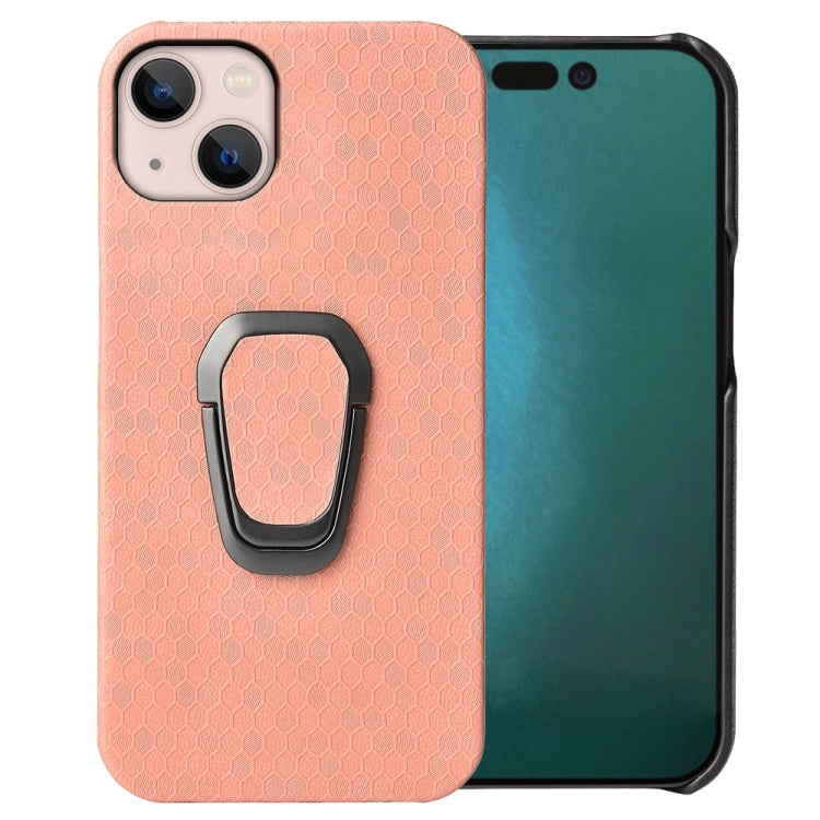 For  iPhone 14 Max Ring Holder Honeycomb PU Phone Case, For iPhone 14 Plus