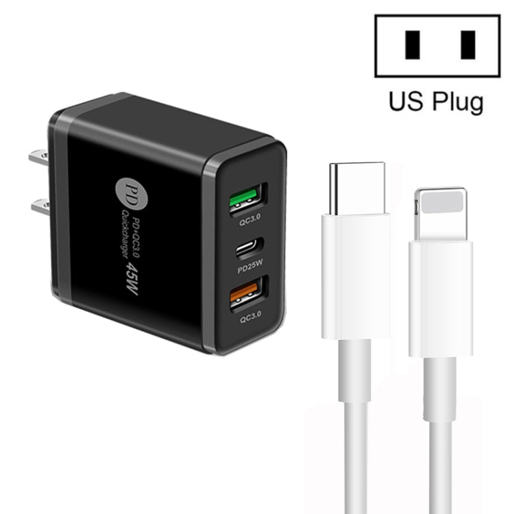 45W PD3.0 + 2 x QC3.0 USB Multi Port Charger with Type-C to 8 Pin Cable, US Plug, US Plug + Type-C to 8 Pin Cable