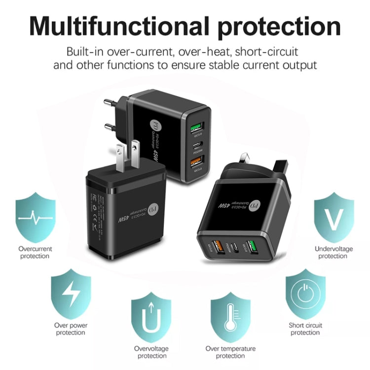 45W PD3.0 + 2 x QC3.0 USB Multi Port Charger with Type-C to 8 Pin Cable, US Plug, US Plug + Type-C to 8 Pin Cable