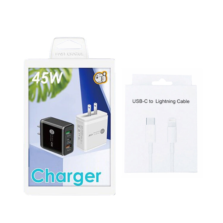 45W PD3.0 + 2 x QC3.0 USB Multi Port Charger with Type-C to 8 Pin Cable, US Plug, US Plug + Type-C to 8 Pin Cable