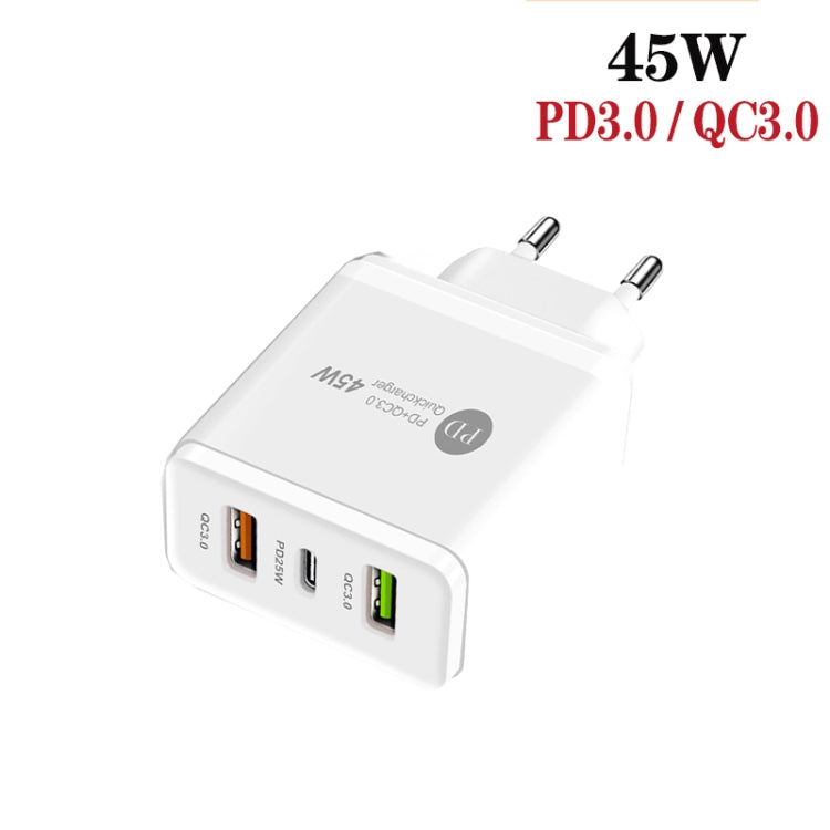 Chargeur multiport USB PD3.0 45 W + 2 x QC3.0 avec câble Type-C vers 8 broches, prise UE, prise UE + câble Type-C vers 8 broches