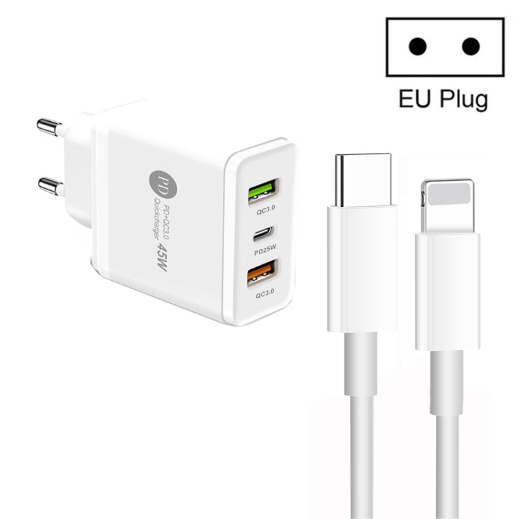 Chargeur multiport USB PD3.0 45 W + 2 x QC3.0 avec câble Type-C vers 8 broches, prise UE, prise UE + câble Type-C vers 8 broches