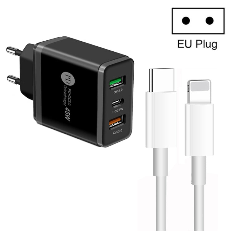 Chargeur multiport USB PD3.0 45 W + 2 x QC3.0 avec câble Type-C vers 8 broches, prise UE, prise UE + câble Type-C vers 8 broches