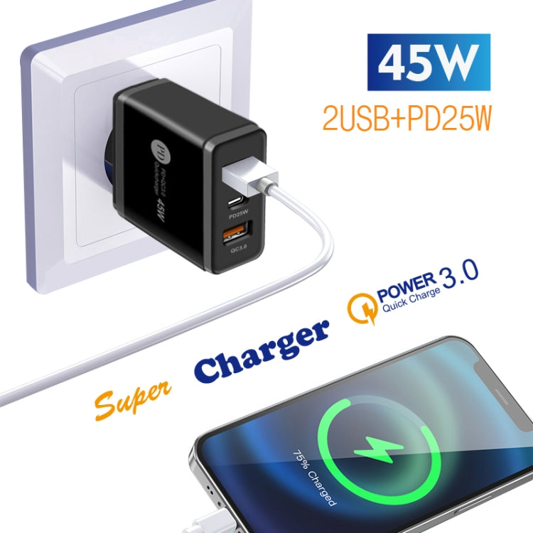 Chargeur multiport USB PD3.0 45 W + 2 x QC3.0 avec câble Type-C vers 8 broches, prise UE, prise UE + câble Type-C vers 8 broches