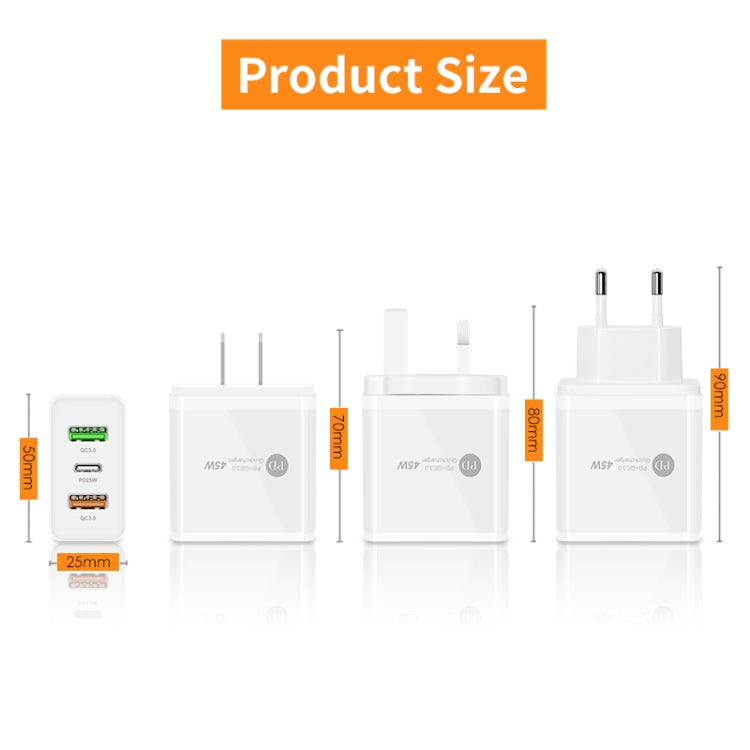 Chargeur multiport USB PD3.0 45 W + 2 x QC3.0 avec câble Type-C vers 8 broches, prise UE, prise UE + câble Type-C vers 8 broches