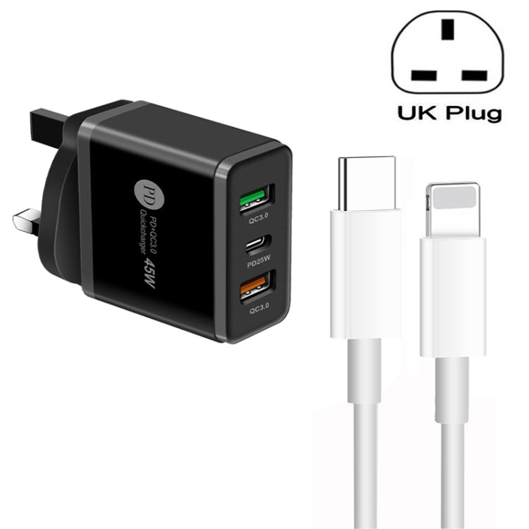 45W PD3.0 + 2 x QC3.0 USB Multi Port Charger with Type-C to 8 Pin Cable, UK Plug, UK Plug + Type-C to 8 Pin Cable