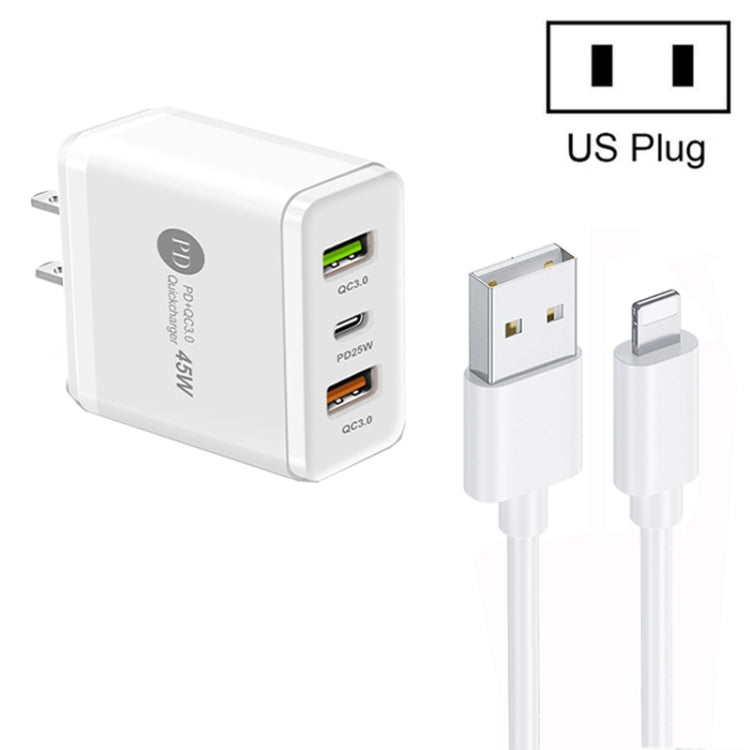 45W PD25W + 2 x QC3.0 USB Multi Port Charger with USB to 8 Pin Cable, US Plug, US Plug + USB to 8 Pin Cable