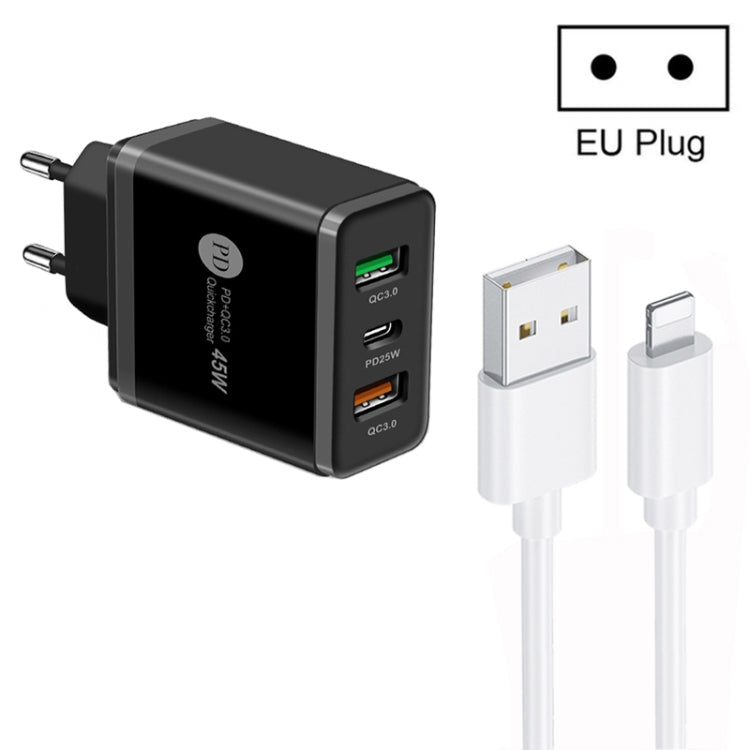 45W PD25W + 2 x QC3.0 USB Multi Port Charger with USB to 8 Pin Cable, EU Plug, EU Plug + USB to 8 Pin Cable