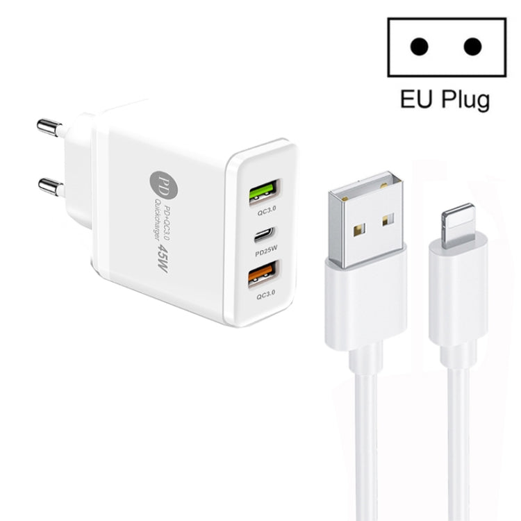 45W PD25W + 2 x QC3.0 USB Multi Port Charger with USB to 8 Pin Cable, EU Plug, EU Plug + USB to 8 Pin Cable