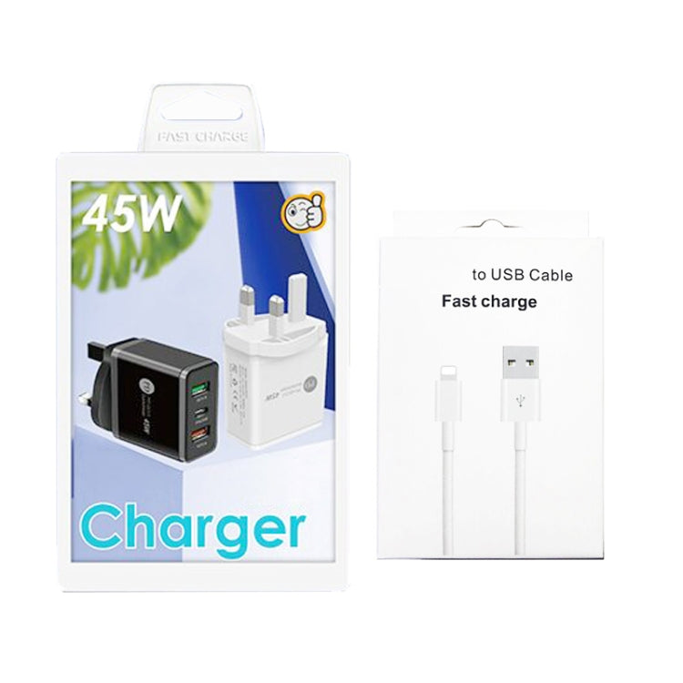45W PD25W + 2 x QC3.0 USB Multi Port Charger with USB to 8 Pin Cable, UK Plug, UK Plug + USB to 8 Pin Cable
