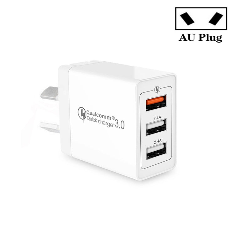 30W QC 3.0 USB + 2 x USB 2.0 Ports Mobile Phone Tablet Quick Charger, AU Plug, AU Plug