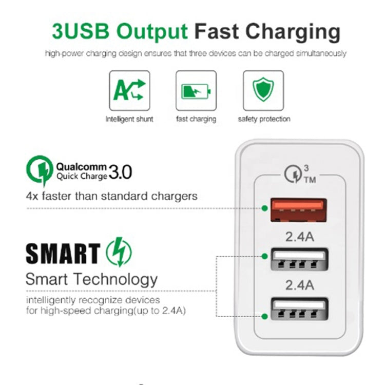 SDC-30W QC3.0 USB + 2 x USB2.0 Port Quick Charger with USB to 8 Pin Cable, AU Plug, with 8 Pin Cable, AU Plug