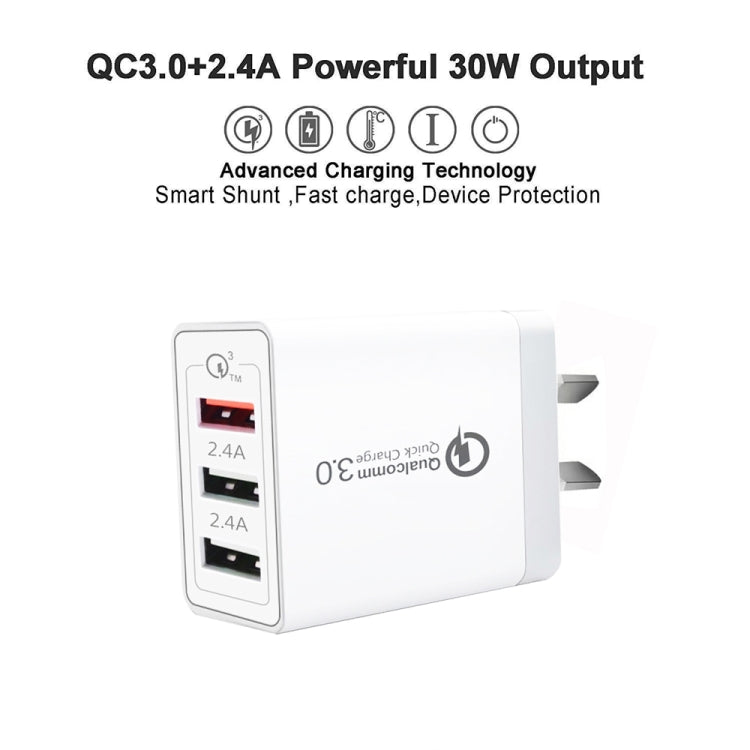 SDC-30W QC3.0 USB + 2 x USB2.0 Port Quick Charger with USB to 8 Pin Cable, AU Plug, with 8 Pin Cable, AU Plug