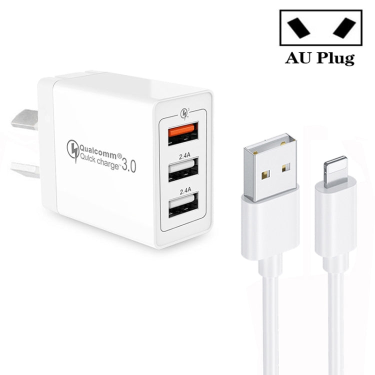 SDC-30W QC3.0 USB + 2 x USB2.0 Port Quick Charger with USB to 8 Pin Cable, AU Plug, with 8 Pin Cable, AU Plug
